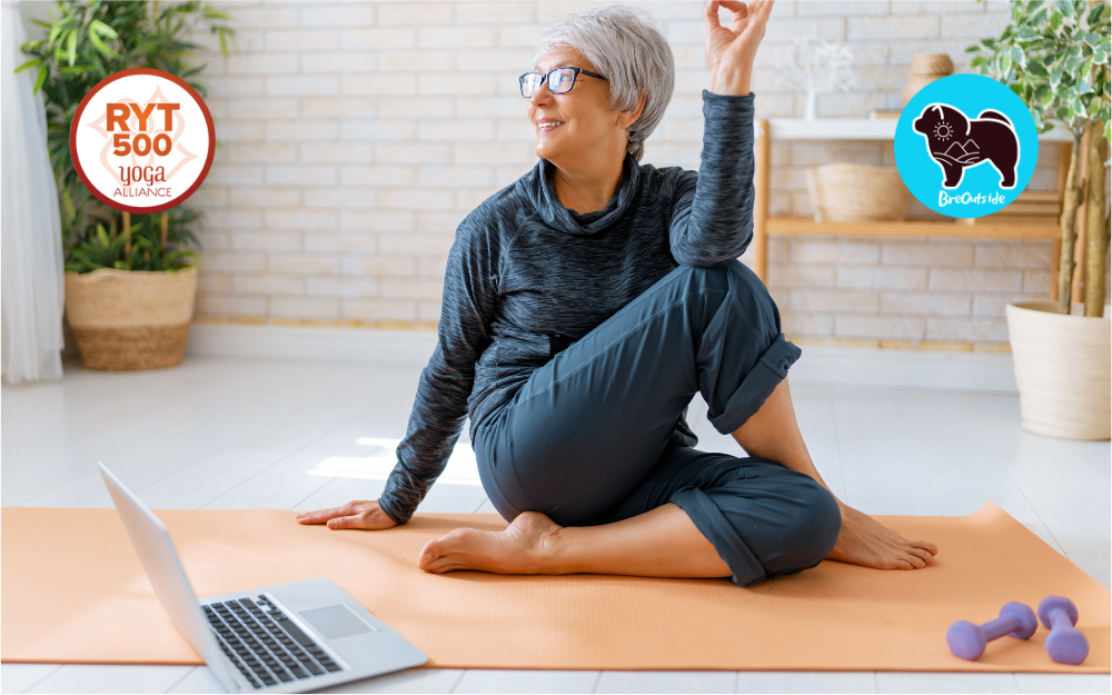 a senior woman in lord of the fist, a seated twist